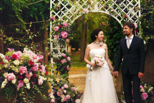 wonderful stylish rich happy bride and groom at a wedding ceremony